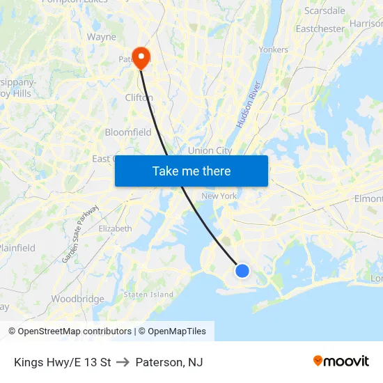 Kings Hwy/E 13 St to Paterson, NJ map
