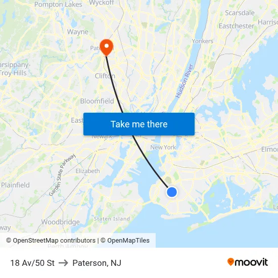 18 Av/50 St to Paterson, NJ map