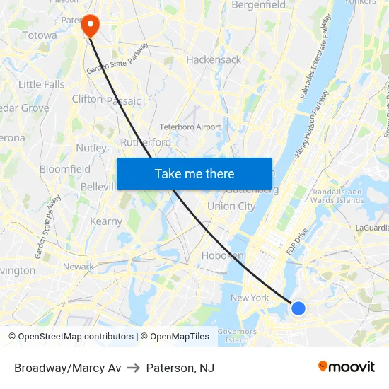 Broadway/Marcy Av to Paterson, NJ map