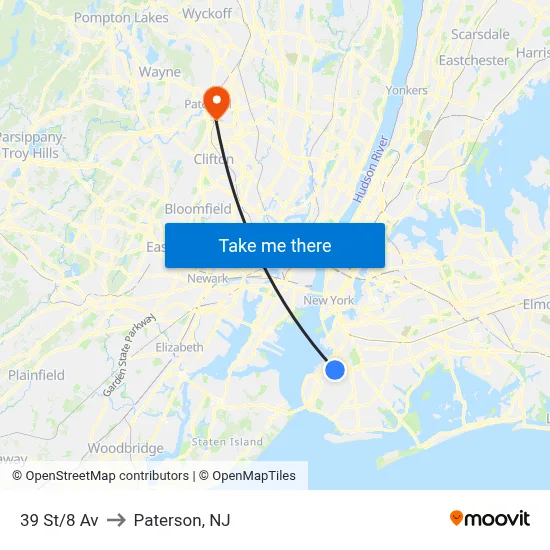 39 St/8 Av to Paterson, NJ map