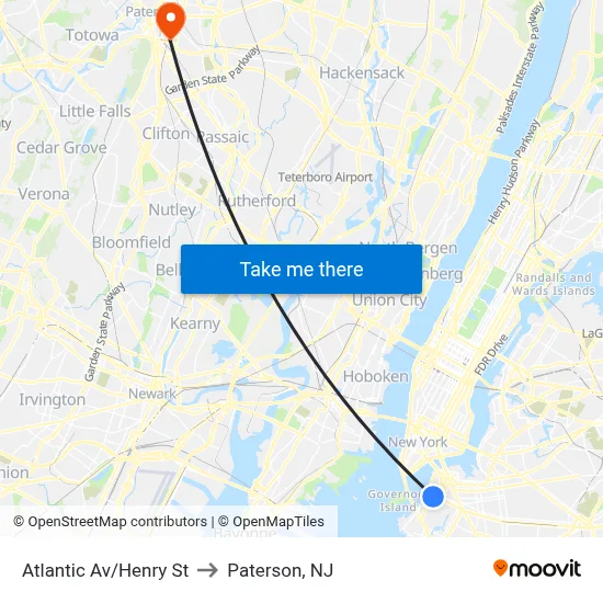 Atlantic Av/Henry St to Paterson, NJ map
