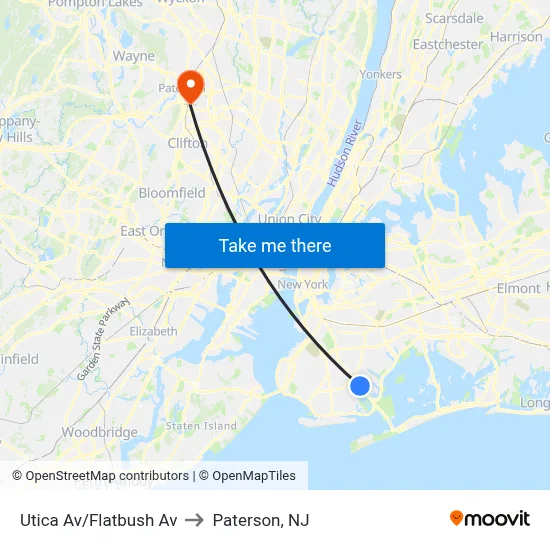 Utica Av/Flatbush Av to Paterson, NJ map