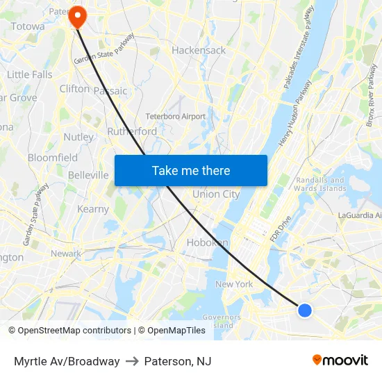 Myrtle Av/Broadway to Paterson, NJ map