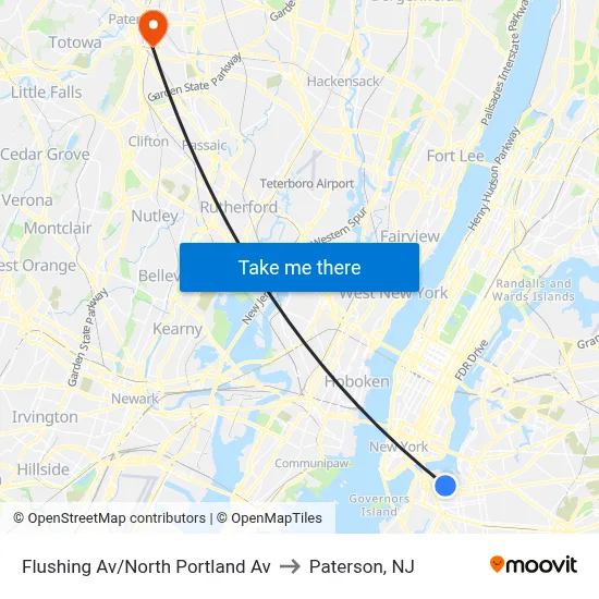 Flushing Av/North Portland Av to Paterson, NJ map
