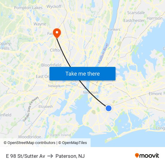 E 98 St/Sutter Av to Paterson, NJ map