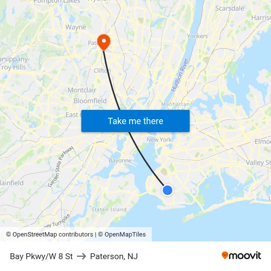 Bay Pkwy/W 8 St to Paterson, NJ map