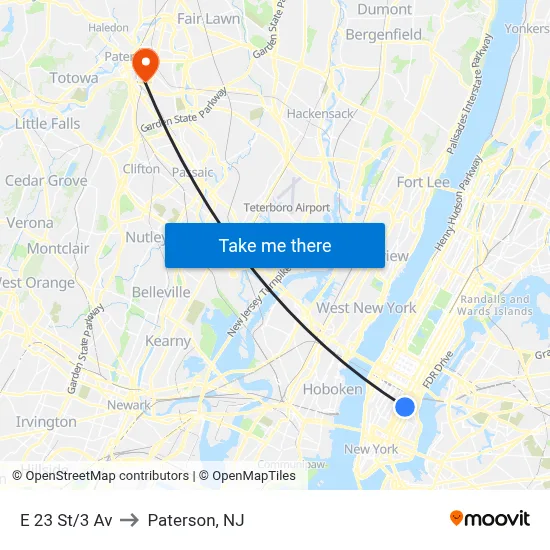 E 23 St/3 Av to Paterson, NJ map
