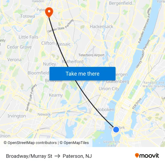 Broadway/Murray St to Paterson, NJ map