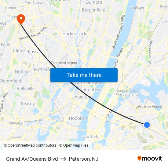 Grand Av/Queens Blvd to Paterson, NJ map