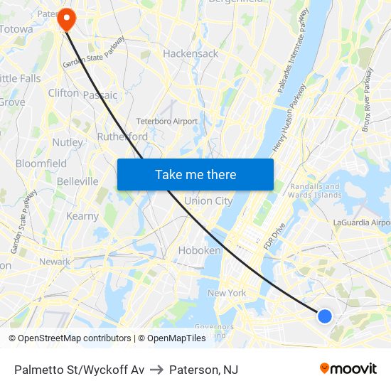 Palmetto St/Wyckoff Av to Paterson, NJ map