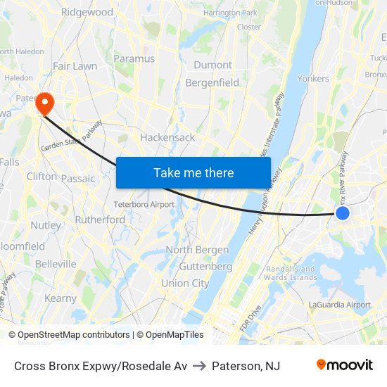 Cross Bronx Expwy/Rosedale Av to Paterson, NJ map