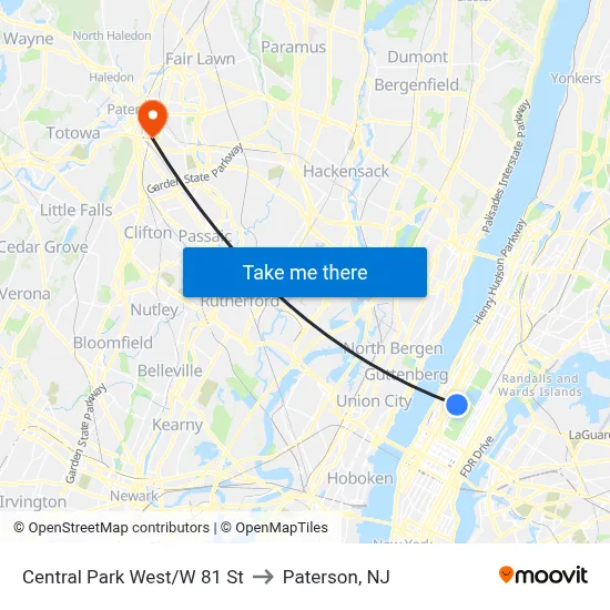 Central Park West/W 81 St to Paterson, NJ map