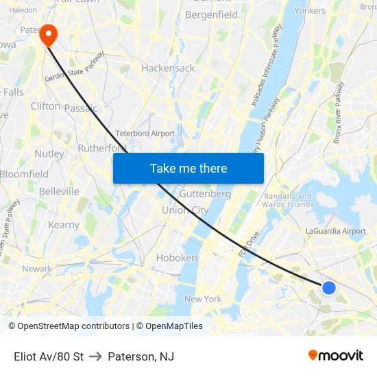 Eliot Av/80 St to Paterson, NJ map