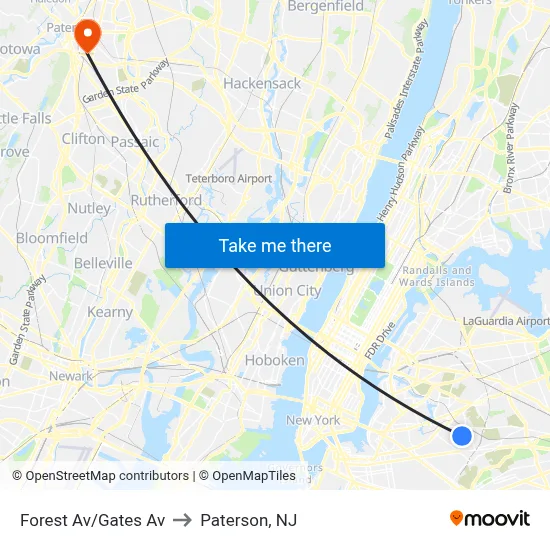 Forest Av/Gates Av to Paterson, NJ map
