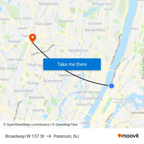 Broadway/W 137 St to Paterson, NJ map