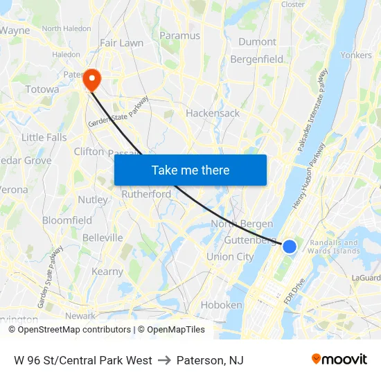 W 96 St/Central Park West to Paterson, NJ map
