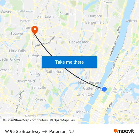W 96 St/Broadway to Paterson, NJ map