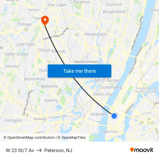 W 23 St/7 Av to Paterson, NJ map