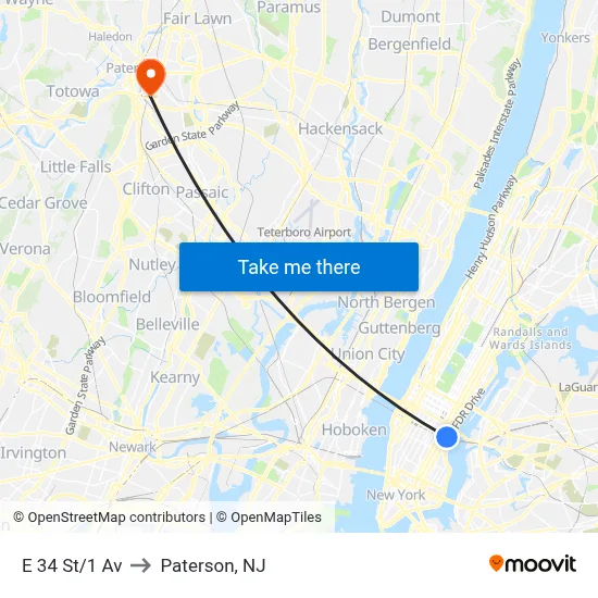 E 34 St/1 Av to Paterson, NJ map
