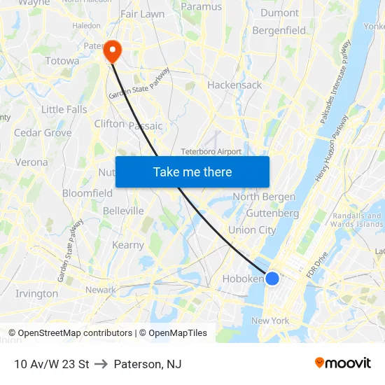 10 Av/W 23 St to Paterson, NJ map
