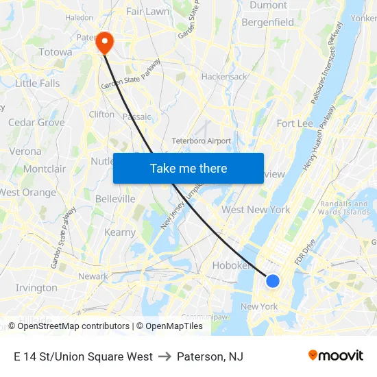 E 14 St/Union Square West to Paterson, NJ map