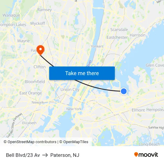 Bell Blvd/23 Av to Paterson, NJ map
