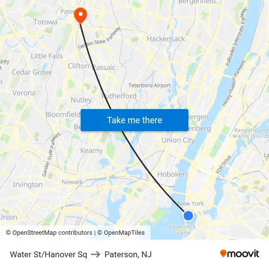 Water St/Hanover Sq to Paterson, NJ map