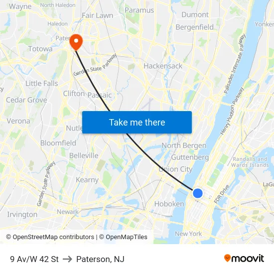 9 Av/W 42 St to Paterson, NJ map