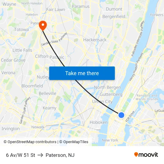 6 Av/W 51 St to Paterson, NJ map