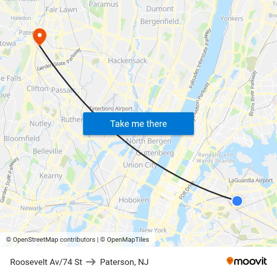 Roosevelt Av/74 St to Paterson, NJ map