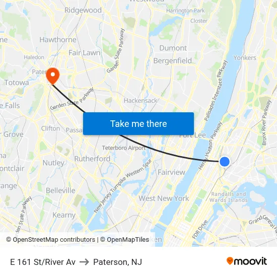 E 161 St/River Av to Paterson, NJ map