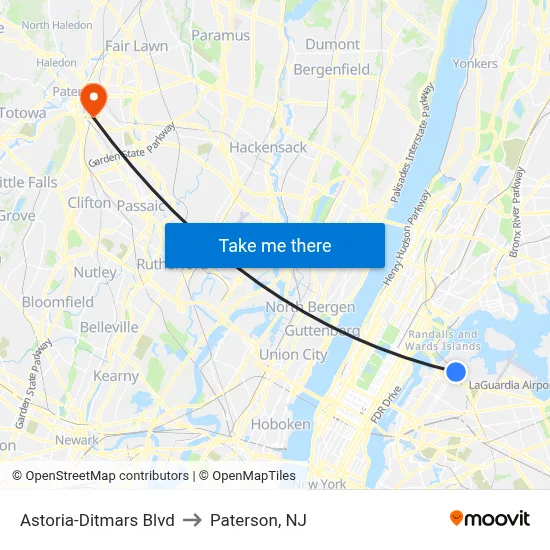 Astoria-Ditmars Blvd to Paterson, NJ map