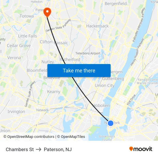Chambers St to Paterson, NJ map