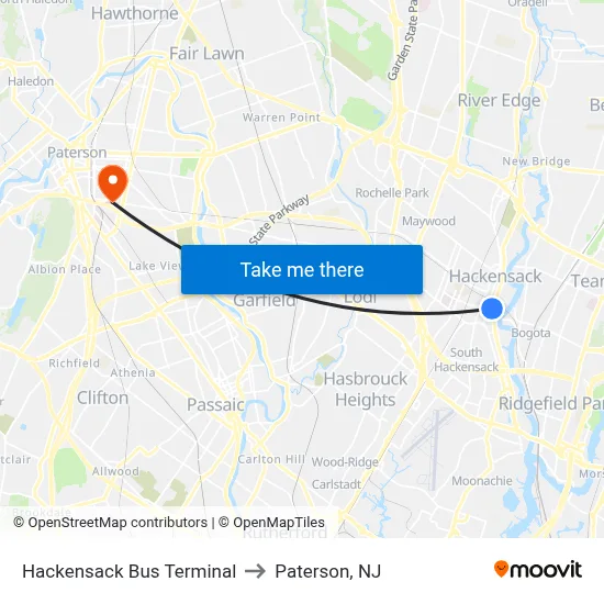 Hackensack Bus Terminal to Paterson, NJ map