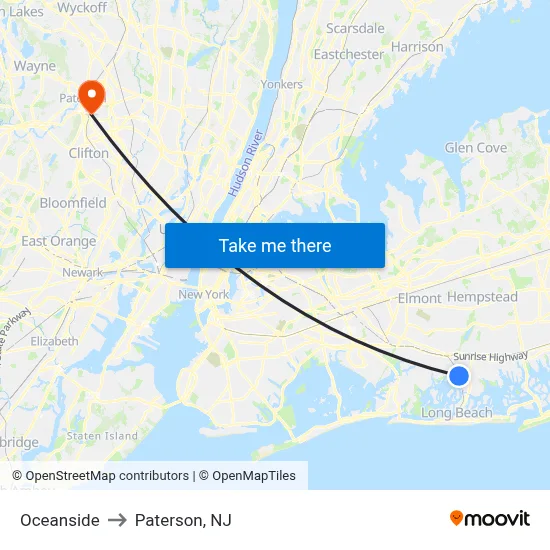 Oceanside to Paterson, NJ map