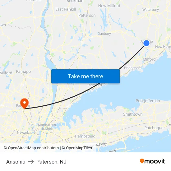 Ansonia to Paterson, NJ map