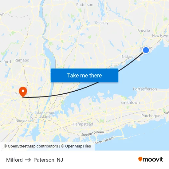 Milford to Paterson, NJ map