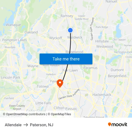 Allendale to Paterson, NJ map