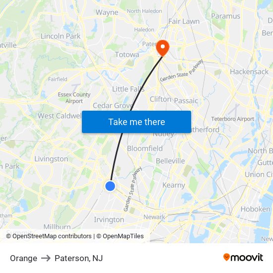 Orange to Paterson, NJ map