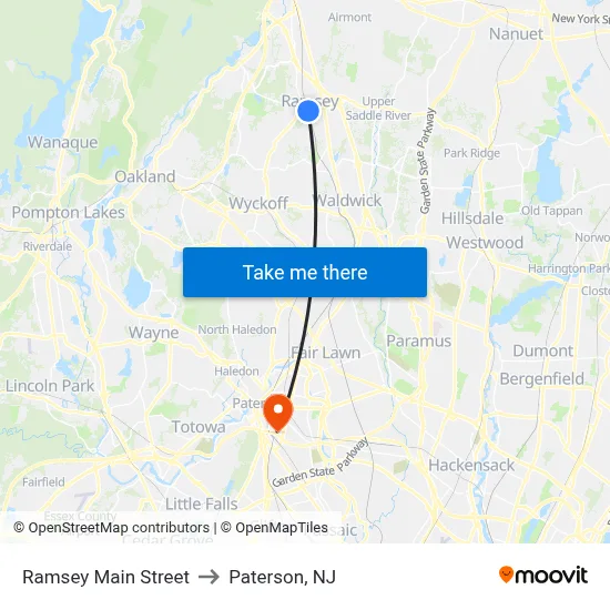 Ramsey Main Street to Paterson, NJ map