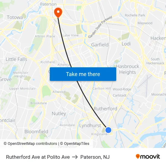 Rutherford Ave at Polito Ave to Paterson, NJ map