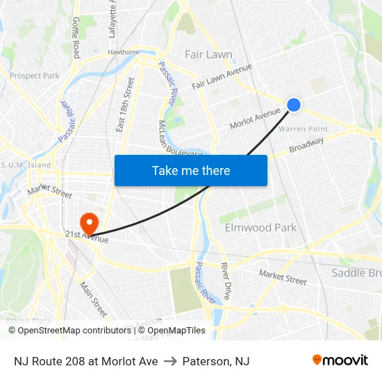 NJ Route 208 at Morlot Ave to Paterson, NJ map