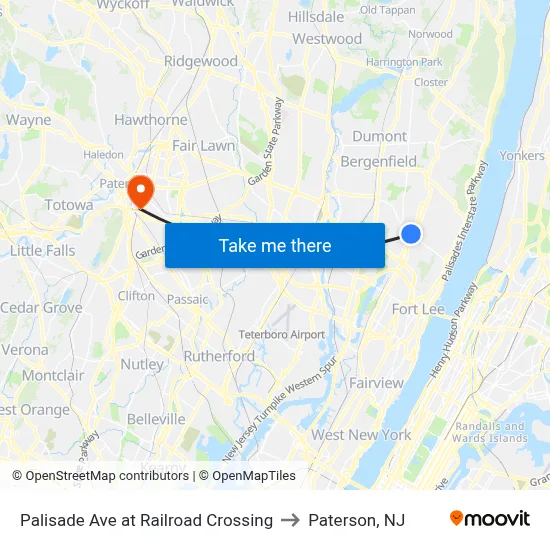 Palisade Ave at Railroad Crossing to Paterson, NJ map