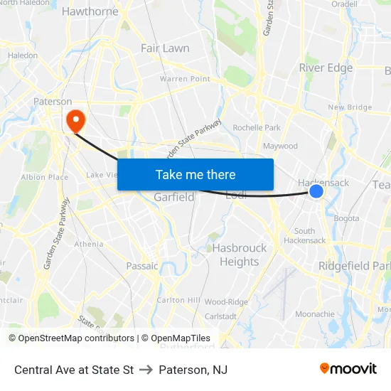 Central Ave at State St to Paterson, NJ map