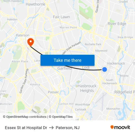Essex St at Hospital Dr to Paterson, NJ map