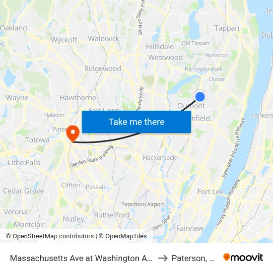 Massachusetts Ave at Washington Ave to Paterson, NJ map