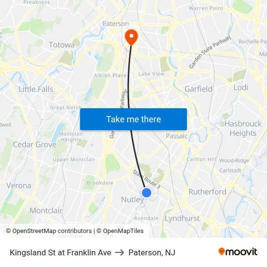 Kingsland St at Franklin Ave to Paterson, NJ map