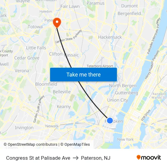 Congress St at Palisade Ave to Paterson, NJ map