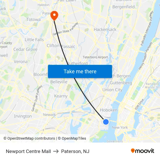 Newport Centre Mall to Paterson, NJ map
