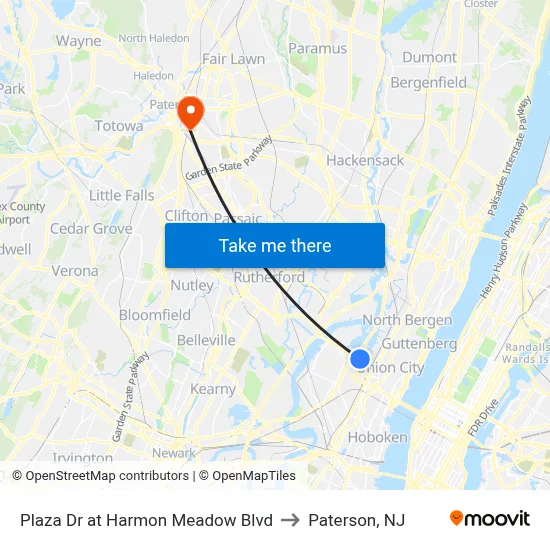 Plaza Dr at Harmon Meadow Blvd to Paterson, NJ map